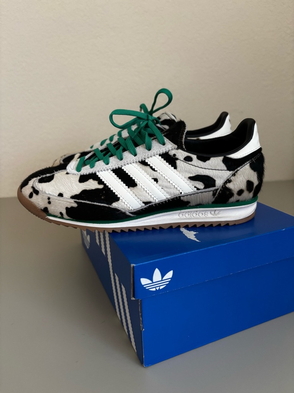 adidas  SL 72 Black & White Cow Print Sneakers with Green Laces